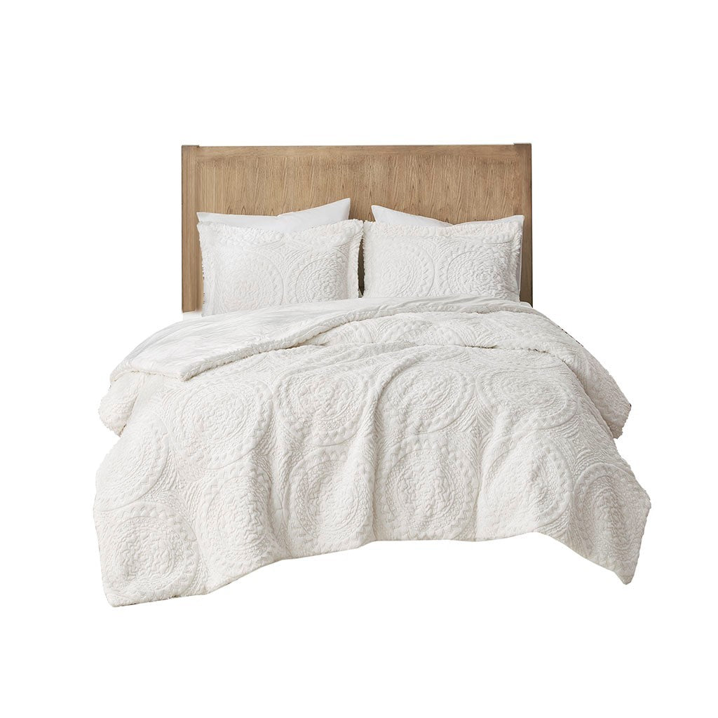 Full/Queen Embroidered Medallion Faux Fur Ultra Plush Comforter Mini Set