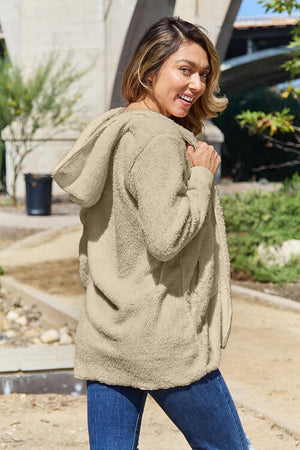 Women Full Size Teddy Hooded Jacket with Pockets Cozy Casual Jacket Comfortable Women Jacket