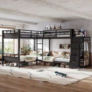 Quad Twin Metal Bunk Bed featuring Storage Drawers, 4 Twin Bed Frame with Built-in Wardrobe and Open Shelves, Metal Bed with Non-Woven Fabric Drawers, Black