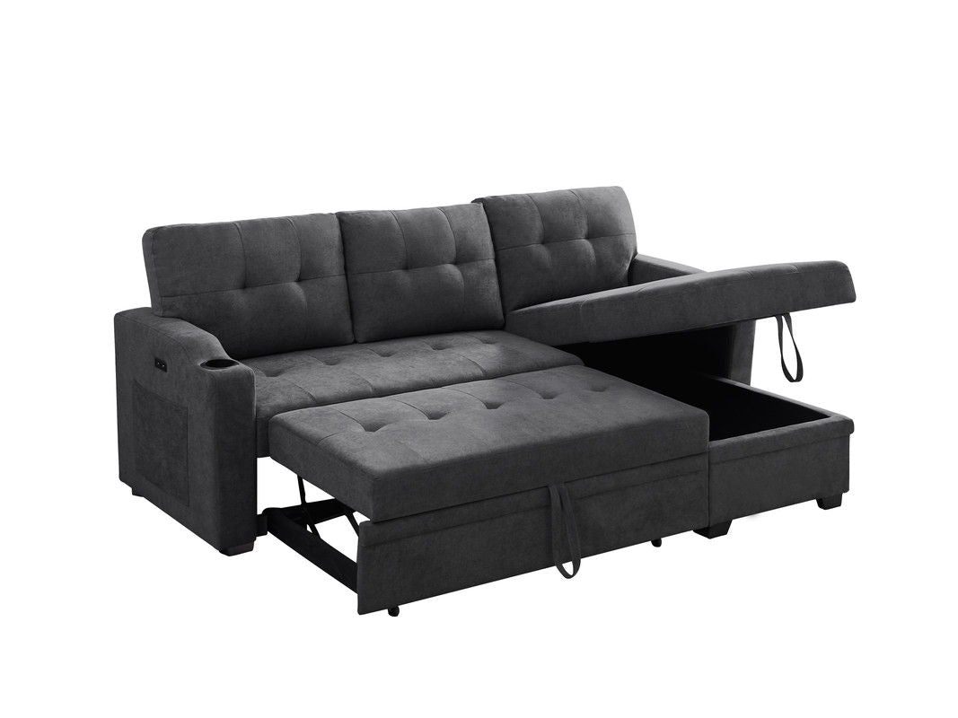 Mabel - Woven Fabric Sleeper Sectional With Cupholder, USB Charging Port nd Pocket - Dark Gray by Couch.com