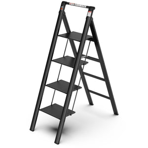 4 Step Ladder, Retractable Handgrip Folding Step Stool With Anti-Slip Wide Pedal, Aluminum Step Ladders 4 Steps, 300Lbs Safety Household Ladder - Black by Couch.com