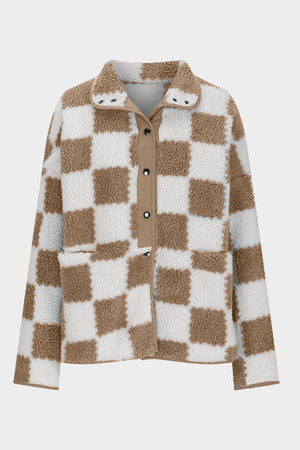 Elegant Checkered Snap Down Long Sleeve Teddy Jacket Soft & Warm Colorful Jacket