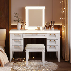 [OLD SKU: N704P337484K] 48' Vanity Desk with Mirror and Lights, Makeup Vanity with 7 Drawers and Cushioned Stool, Dressing Table with Hollow Design Drawer for Bedroom, Rubber Wood Legs, Light Beige