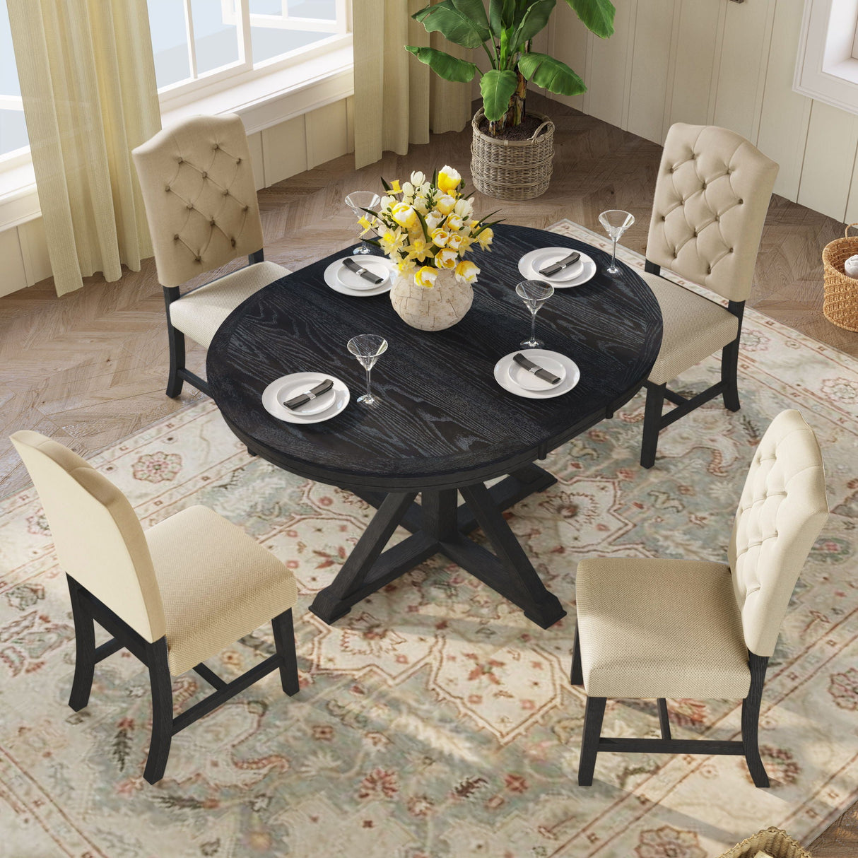 Functional Furniture Retro Style Dining Table Set With Extendable Table And 4 Upholstered Chairs For Dining Room And Living Room by Couch.com