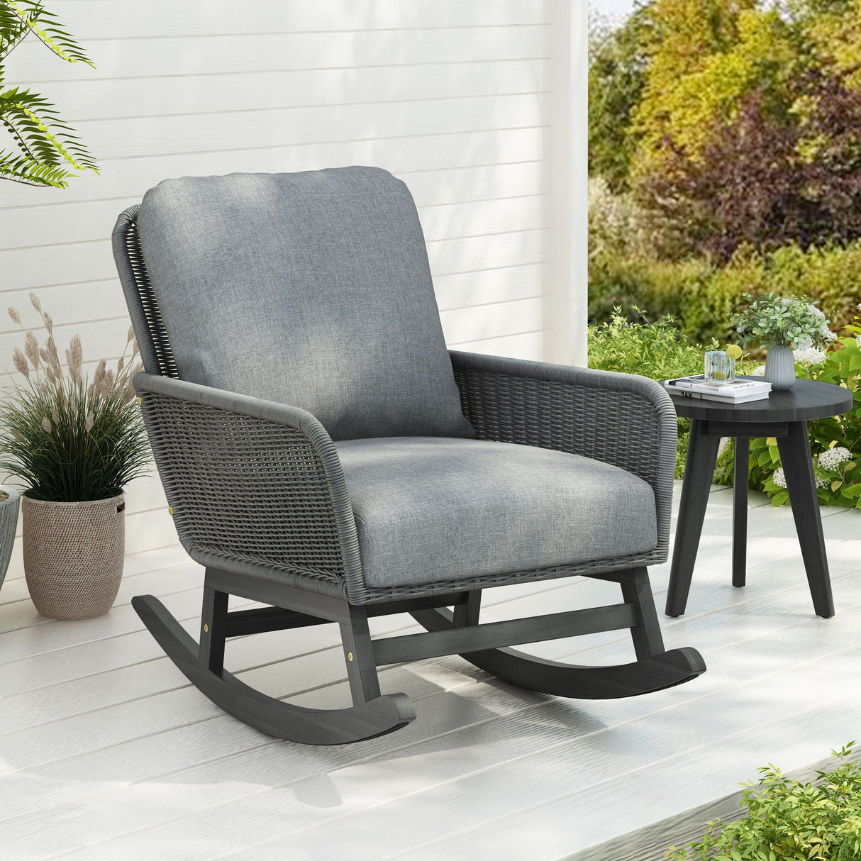 Contemporary Minimalist Wicker Rocking Chair With Soft Cushions