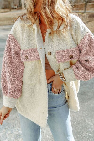 Women Cute Sherpa Jacket with Button Closure and Collared Neck in Elegant Retro Style