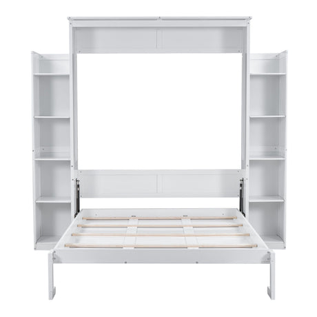 The wall Murphy bed with shelves and LED lights features a white fold-down design, with integrated bookshelves on both sides, showcasing the wooden frame extended outward in a room setting.