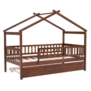 The Creativity House Bed with Twin Size Trundle features a dark brown wooden frame designed like a house with a slanted roof, open slatted sides, and headboard, with a visible pull-out trundle beneath.