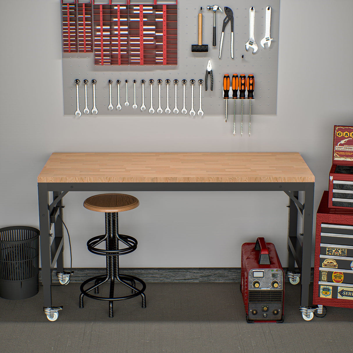 Adjustable Workbench For Garage, Rubber Wood Heavy Duty Workstation With Power Outlets & Wheels, 2000 Lbs Load Capacity Hardwood Worktable For Workshop - Black by Couch.com