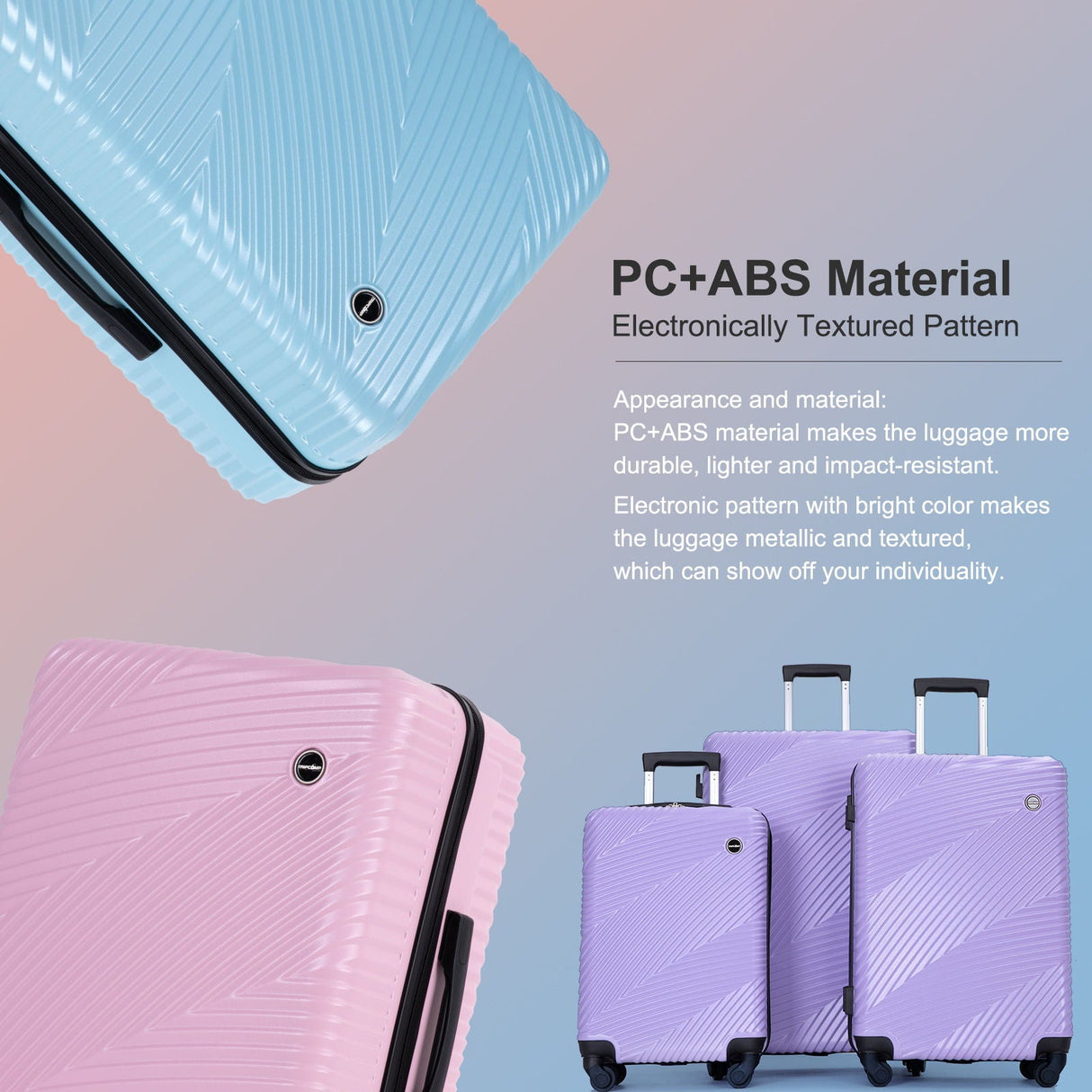 Image of three pastel pink and lavender suitcases with spinner wheels, crafted from durable yet lightweight PC+ABS material. They feature hooks and an electronic pattern in bright colors for a metallic look.