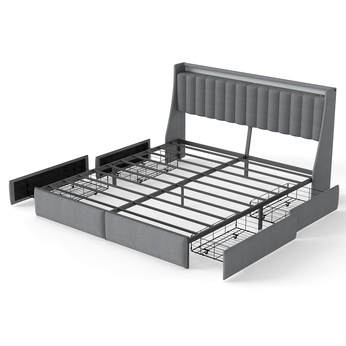 King Upholstered Bed Frame With 4 Storage Drawers, RGB LED Lights & USB / Type-C Charging Station