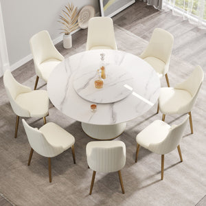Modern Artificial Stone Round Plywood Base Dining Table, Can Accommodate 8 People, Artificial Stone Turntable (Not Including Chairs) - White / Beige by Couch.com