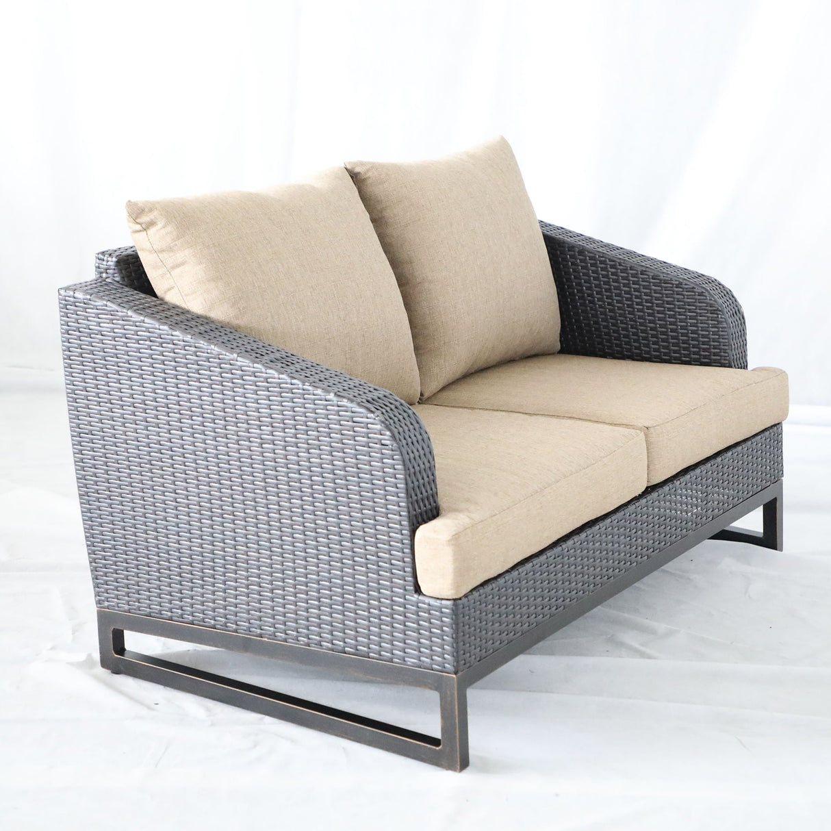 Comal - Outdoor Furniture, Wicker Loveseat With Cushions - Beige / Chocolate by Couch.com