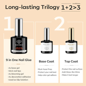 modelones 9 in One Nail Glue with Gel Top and Base Coat Gel Nail Kit, No Wipe Base Coat Long Lasting Glossy Top Coat 3Pcs Gel Nail Glue for Nail Tips, Blooming Gel, Rhinestone Glue A2-3pcs Nail Glue