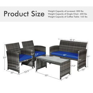 4 Pcs Patio Rattan Furniture Set Top Sofa With Glass Table-White