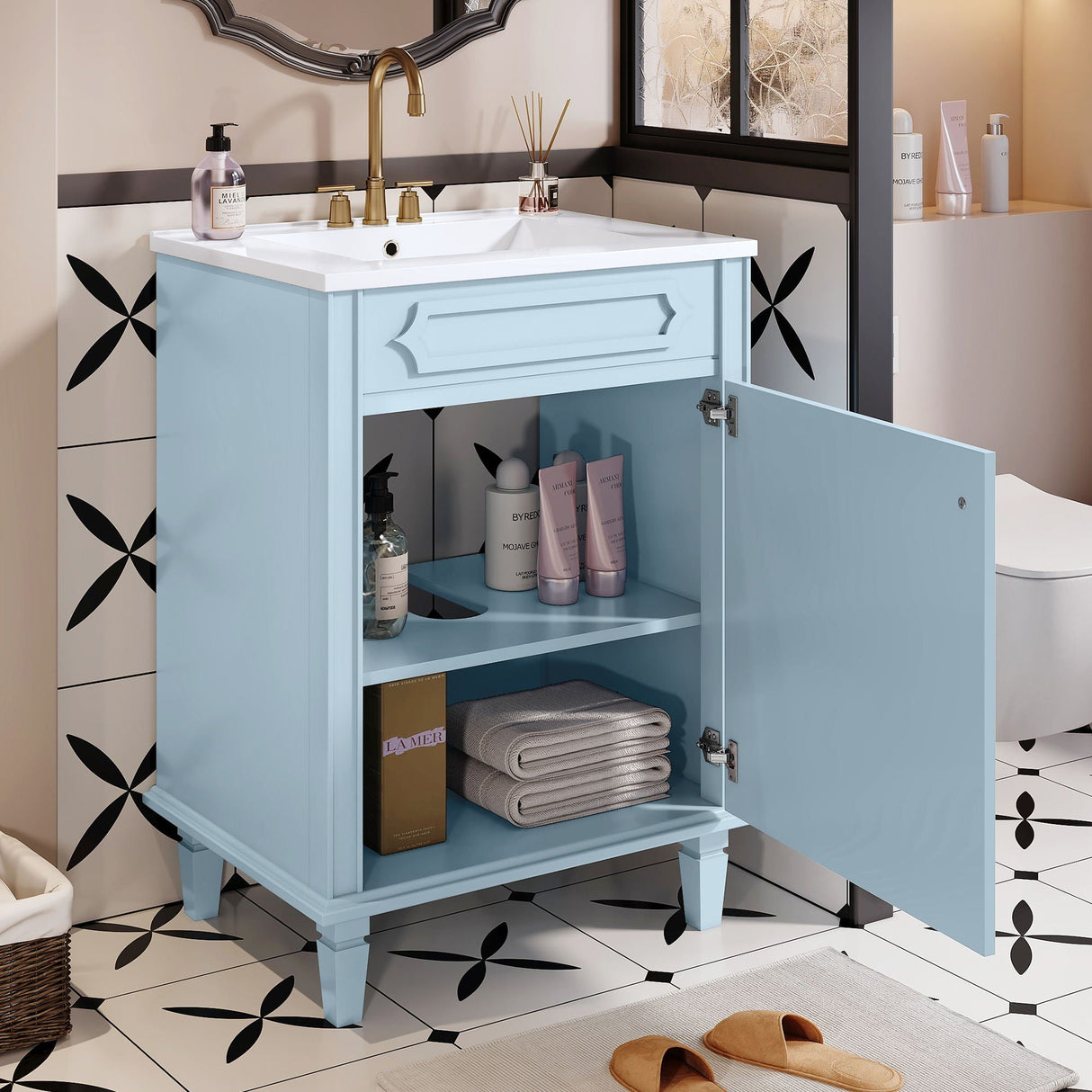 Bathroom Vanity With Ceramic Sink Combo, Modern Freestanding Storage Cabinet With Height Adjustable Shelf, Soft Closing Doors - Blue by Couch.com