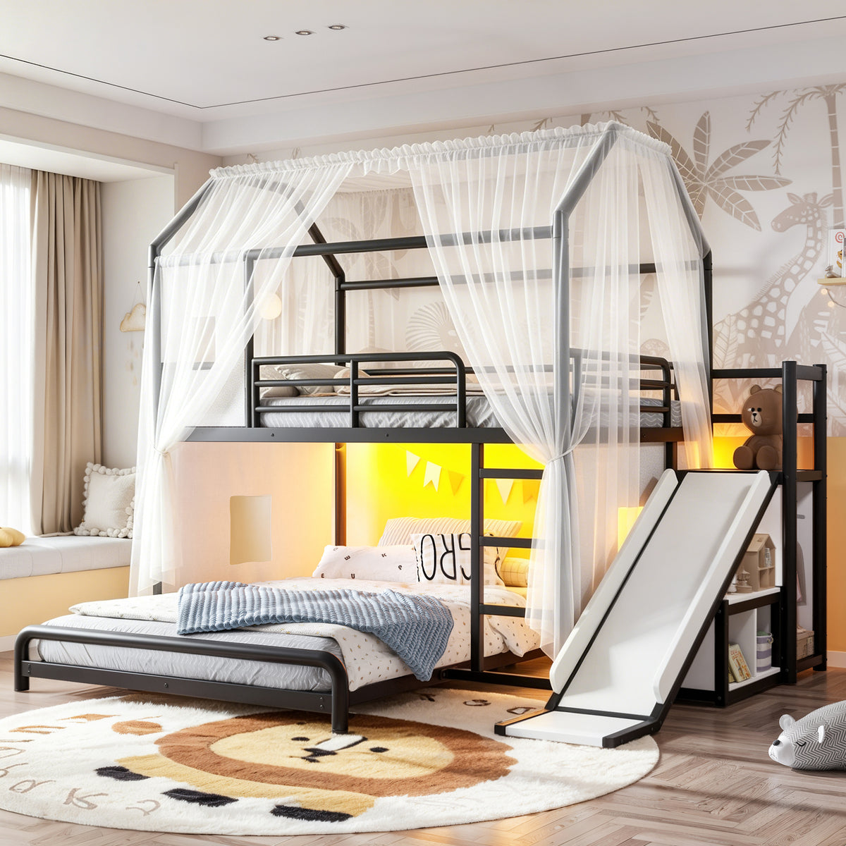 Full over Full Playhouse Metal Bunk Bed with Slide & Ladder, House-Style Bunk Bed with LED Light Strip, Privacy Curtain, Movable Storage Cabinet and Hanging Rod, Full over Full Kids Bunk Bed, Black