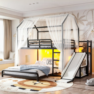 Full over Full Playhouse Metal Bunk Bed with Slide & Ladder, House-Style Bunk Bed with LED Light Strip, Privacy Curtain, Movable Storage Cabinet and Hanging Rod, Full over Full Kids Bunk Bed, Black
