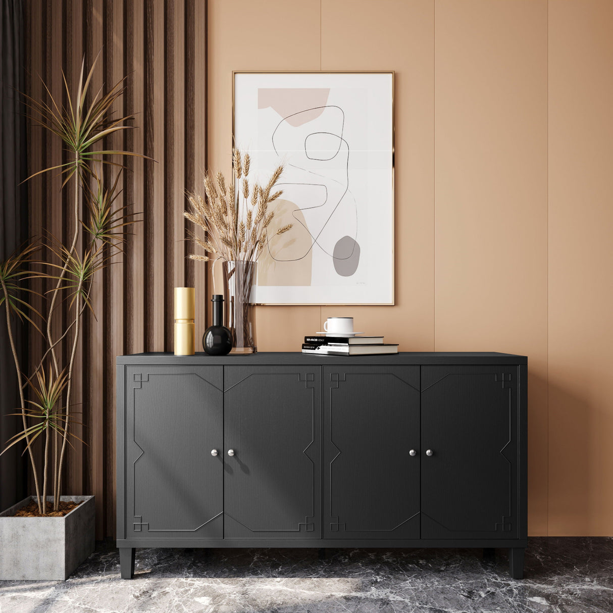 Accent Cabinet 4 Door Wooden Cabinet Sideboard Buffet Server Cabinet Storage Cabinet, For Living Room, Entryway, Hallway, Office, Kitchen And Dining Room - Matte Black by Couch.com