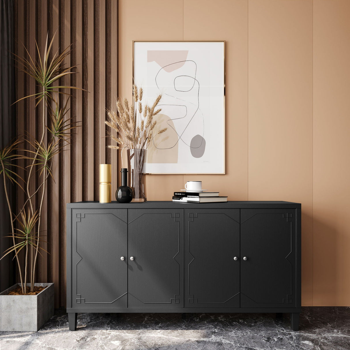 Accent Cabinet 4 Door Wooden Cabinet Sideboard Buffet Server Cabinet Storage Cabinet, For Living Room, Entryway, Hallway, Office, Kitchen And Dining Room - Matte Black by Couch.com