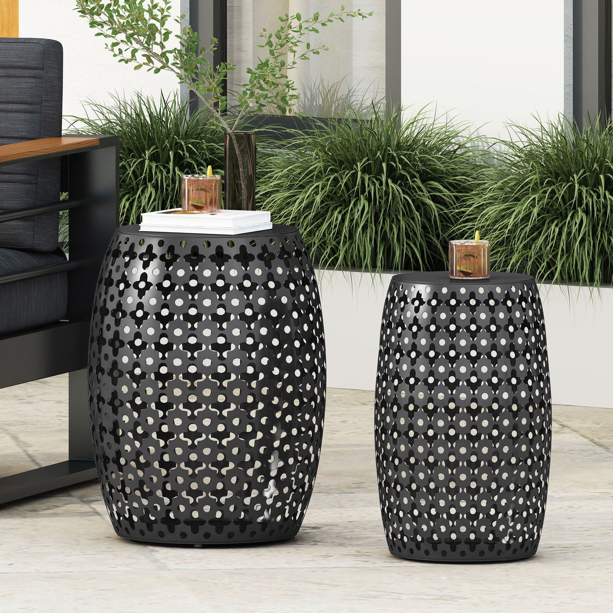 Modern Outdoor Metal End Table Set With Durable Iron Frame - Black by Couch.com