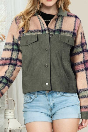 Plaid Corduroy Flap Pockets Button Up Jacket Trendy Outerwear With Classic Flap Pockets For Casual Comfort