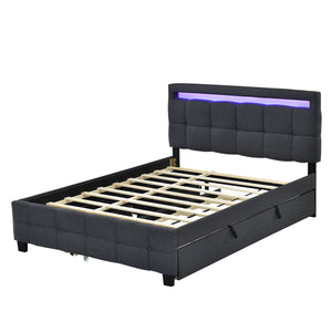 The Upholstered Platform Bed features a padded headboard with a built-in purple LED light strip, dark fabric, wooden slats, and two storage drawers. Its sleek design is modern and contemporary.