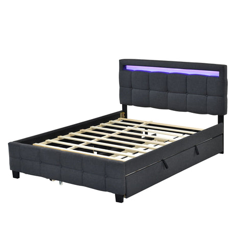 The Upholstered Platform Bed features a padded headboard with a built-in purple LED light strip, dark fabric, wooden slats, and two storage drawers. Its sleek design is modern and contemporary.