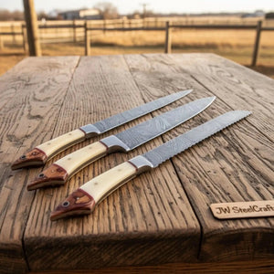 5-Piece Damascus Knife Set Bone and Wood Handle — Feather Damascus Blades