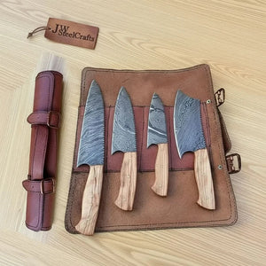 4 Piece Damascus Knife Set Olive Wood with Cleaver