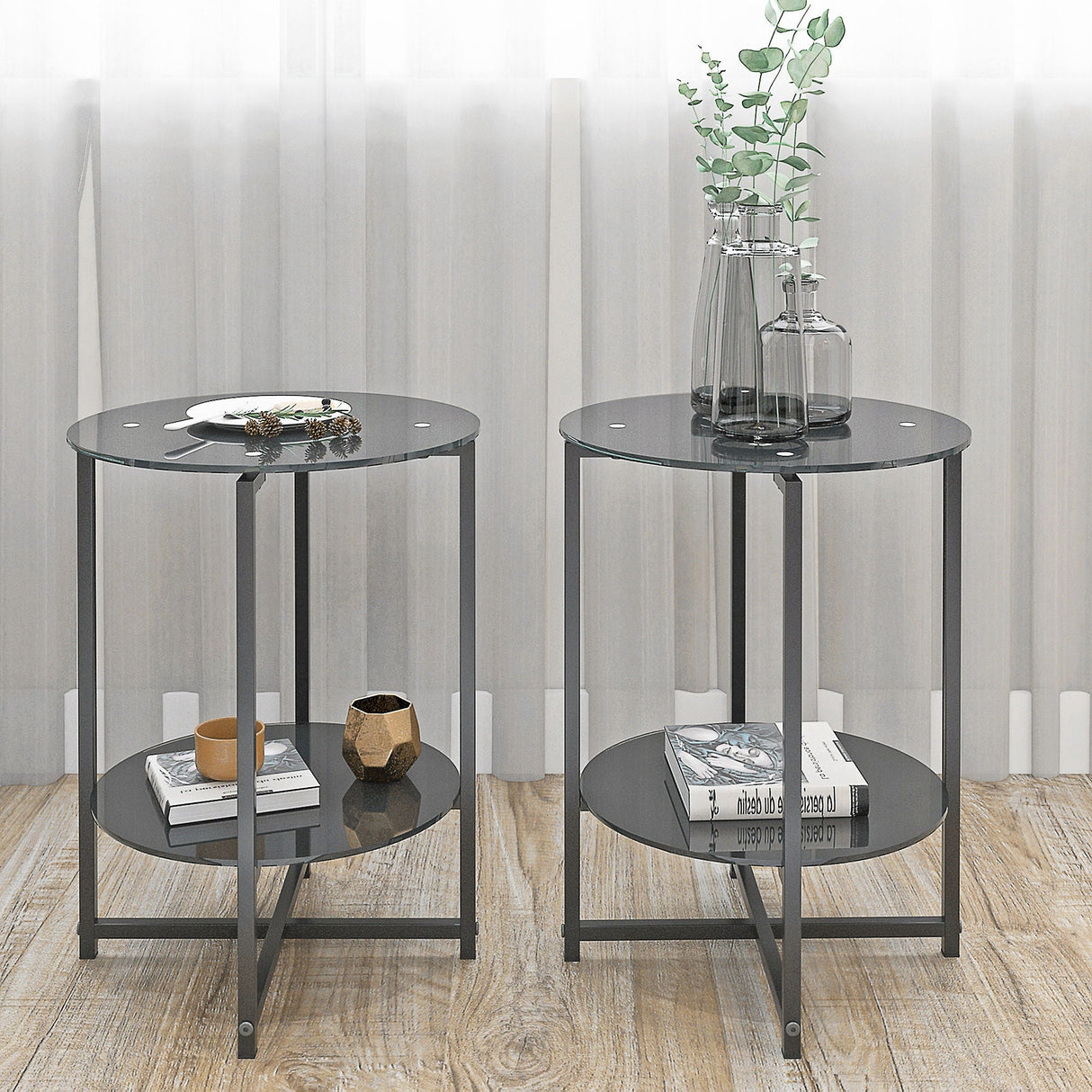 JWS Tempered Glass End Table (Set of 2), Round Coffee Table For Bedroom Living Room Office - Black by Couch.com
