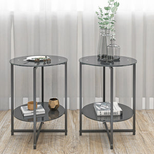 JWS Tempered Glass End Table (Set of 2), Round Coffee Table For Bedroom Living Room Office - Black by Couch.com