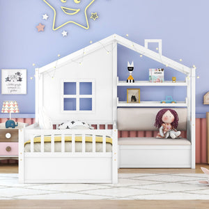 House Bed With Sofa, Kids Platform Bed With 2 Drawers And Storage Shelf by Couch.com