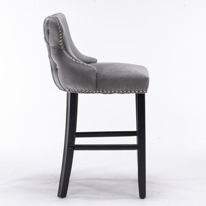 Contemporary Upholstered Wing-Back Barstools With Button Tufted Decoration And Wooden Legs, And Nailhead Trim, Leisure Style Bar Chairs, Bar Stools (Set of 2)