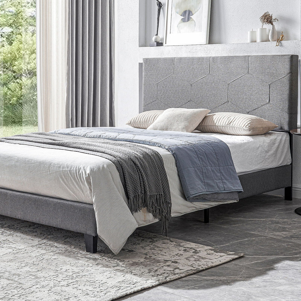 Queen Size Upholstered Platform Bed Frame, Wood Slat Support - Gray by Couch.com