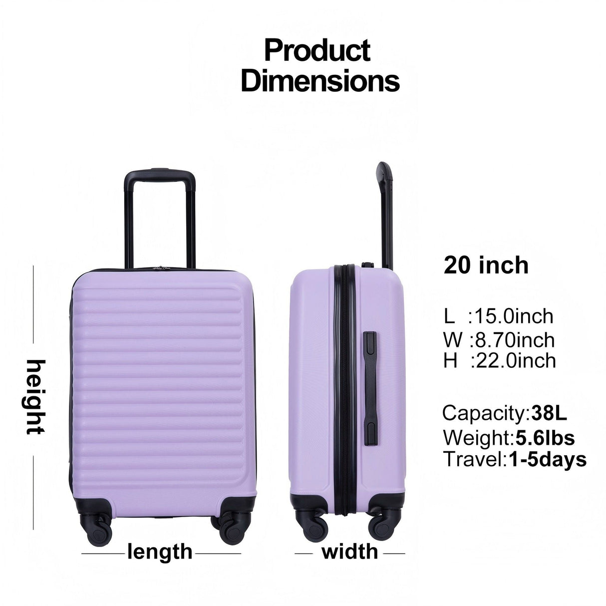 20" Carry On Luggage Lightweight Suitcase, Spinner Wheels - Lavender Purple by Couch.com
