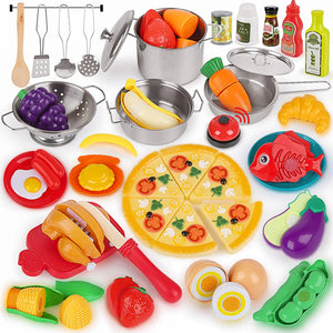 Pretend Play Kitchen Accessories- 64pcs Stainless Steel Play Pots Pans with Cutting Toy Food Toy Cookware Cooking Utensils Pretend Food Toy Pizza Toy Kids Kitchen Playset for Toddler Boys Girl