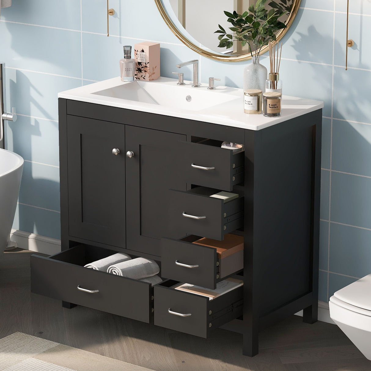 Bathroom Vanity With Ceramic Sink Combo, Abundant Storage Cabinet -2 Soft-Close Doors And 5 Drawers by Couch.com