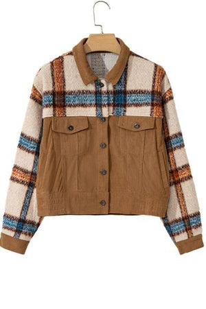Plaid Corduroy Flap Pockets Button Up Jacket Trendy Outerwear With Classic Flap Pockets For Casual Comfort