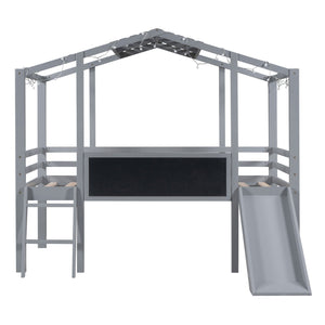 Loft House Bed With Ladder And Slide, With Blackboard And Light Strip On The Roof by Couch.com