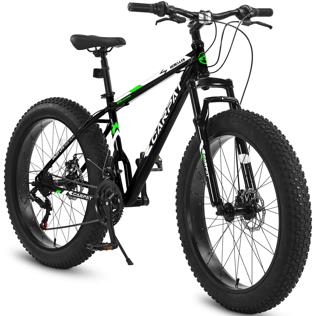 S26109 26 Inch Fat Tire Bike Adult/Youth Full Shimano 21 Speed Mountain Bike, Dual Disc Brake, High-Carbon Steel Frame, Front Suspension, Mountain Trail Bike, Urban Commuter City Bicycle