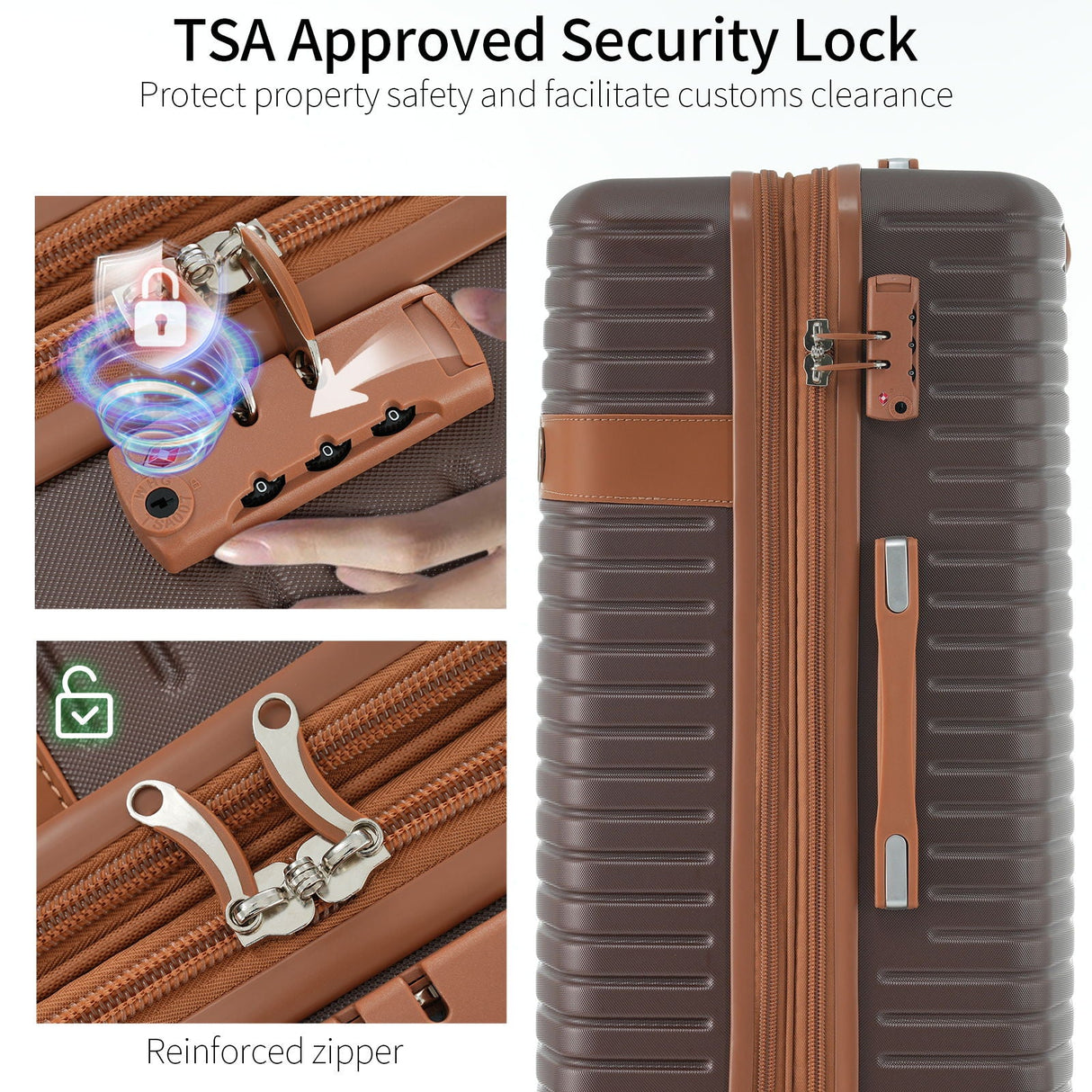 The image showcases the "4 Piece Luggage Suitcase Set" featuring a brown suitcase with a top-left TSA-approved lock and reinforced zippers secured by a lock. The contrasting light and dark brown background highlight the security features of this hard shell, lightweight expandable luggage set.
