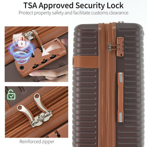 The image showcases the "4 Piece Luggage Suitcase Set" featuring a brown suitcase with a top-left TSA-approved lock and reinforced zippers secured by a lock. The contrasting light and dark brown background highlight the security features of this hard shell, lightweight expandable luggage set.