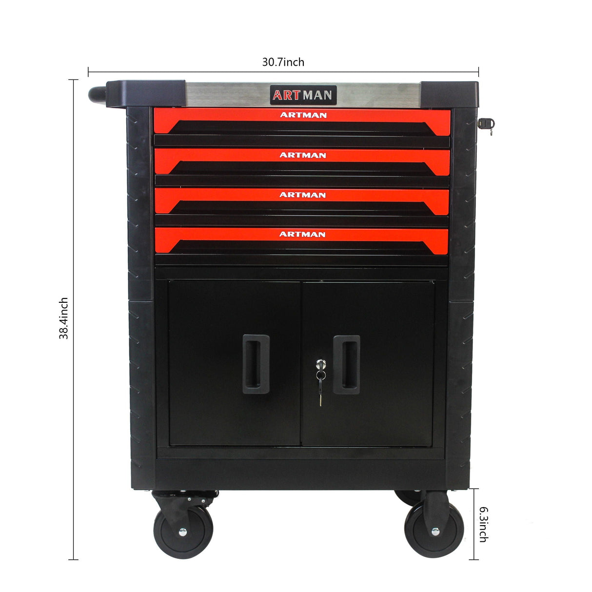 Removable 4 Drawer Metal Tool Cart With Lock - Black / Red by Couch.com