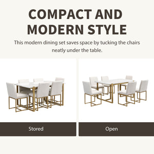 Couch.com Modern Dining Table Set For 6 Faux Marble Kitchen Table Set With 6 Upholstered Dining Chairs, 7 Piece White / Golden, Durable Design, Modern Style, Wood Construction, White Finish by Couch.com