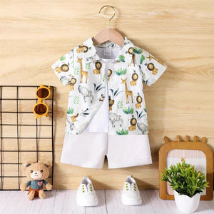 Baby Short Sleeve Shorts Cardigan Two-piece Set Animal Dinosaur Print