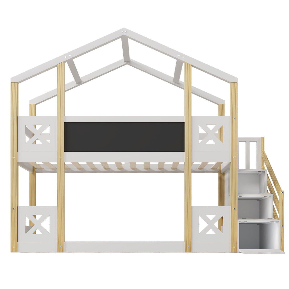 Twin Over Twin House Bunk Bed With White Storage Staircase And Blackboards - White by Couch.com