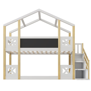 Twin Over Twin House Bunk Bed With White Storage Staircase And Blackboards - White by Couch.com