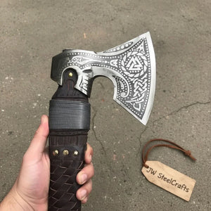 Engraved Norse Valknut Hatchet with Braided Leather Handle