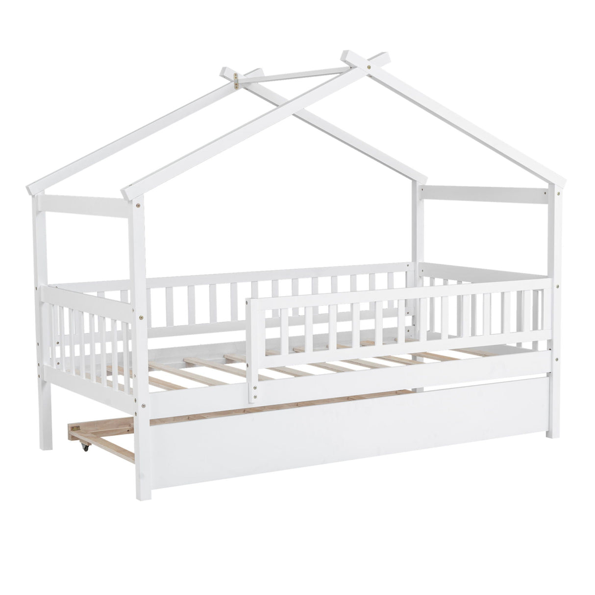 The Creativity House Bed With Twin Size Trundle is a white, wooden, house-shaped children's bed featuring safety rails, an open frame design with a slatted base, and an under-bed storage drawer. Its structure resembles a minimalist playhouse.